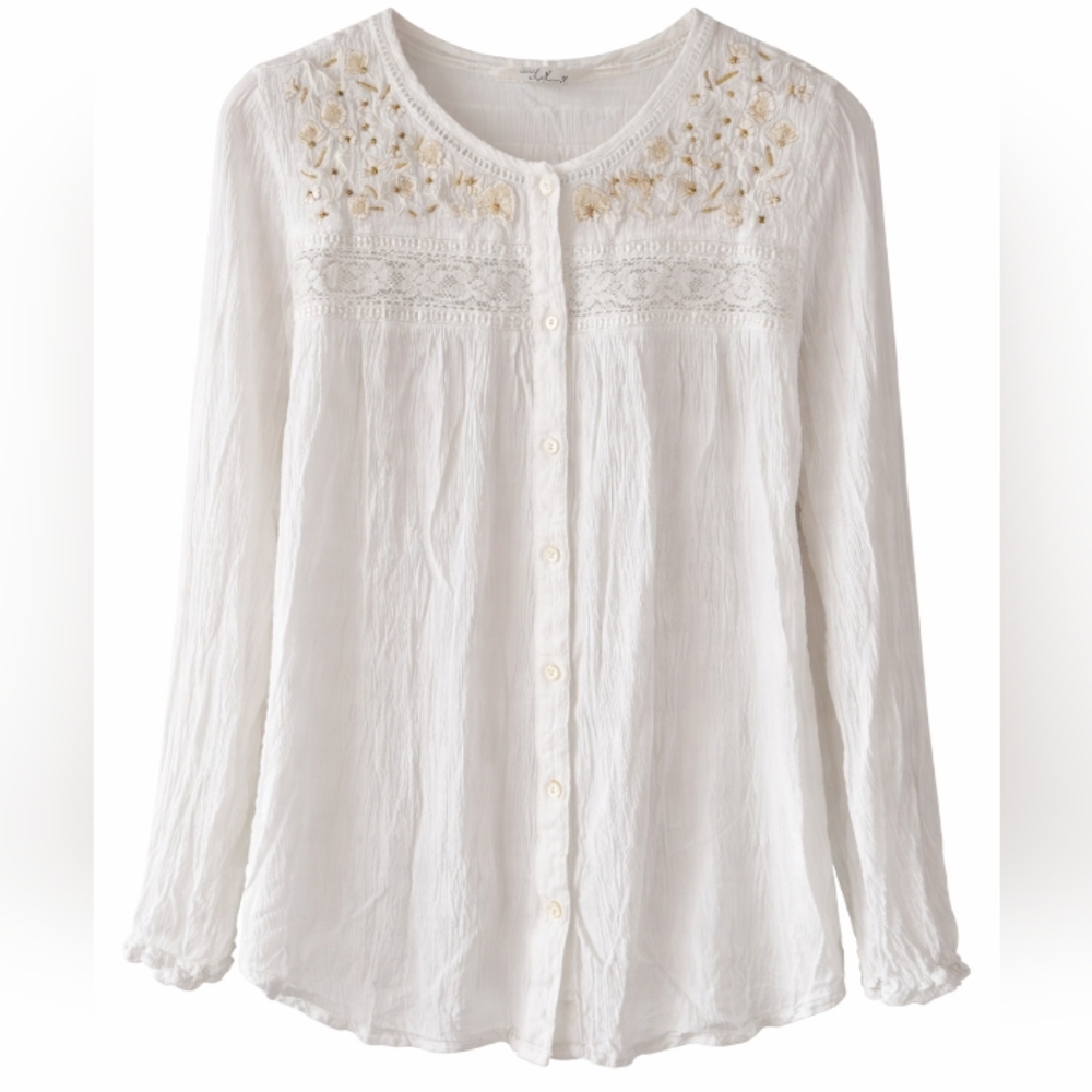 Cafe Marrakesh White‎ Embroidered Boho Button Front Blouse Size Large